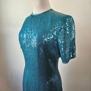 Vintage Scala Italy 80s 90s Blue Turquoise Sequin Silk Cocktail Dress Small S